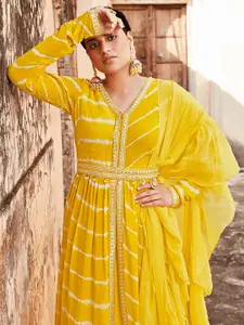 Jaipur Kurti Yellow Striped Empire Mirror Work Kurta with Skirt & Dupatta