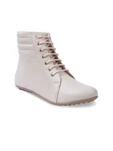 VALIOSAA Women Cream-Coloured Solid Synthetic Mid-Top Flat Boots