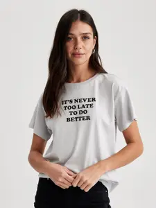 DeFacto Typography Printed Drop Shoulder Sleeves Pure Cotton T-shirt