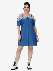 SUMAVI-FASHION Embroidered Cold Shoulder Sleeves Organic Cotton A-Line Dress