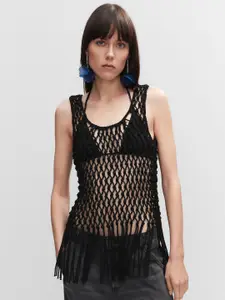 MANGO Self Designed Pure Cotton Cut-Out Detail Sheer Top