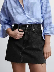 MANGO Pure Cotton Solid Denim Mini Skirt