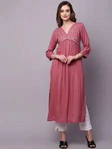 INDYES Embroidered Yoke Design Pleated A-Line Kurta