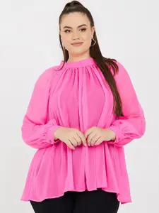 Styli Plus Size Sheer High Neck Tie Back Blouse Top