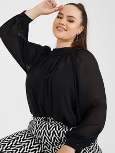 Styli Plus Size Solid Semi Sheer High Neck Gathered High-Low Tie Back Blouse