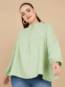 Styli Plus Size Mandarin Collar Puff Sleeves Gathered A-Line Top