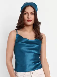 ESSQUE Shoulder Straps Cowl Neck Satin Top with Matching Hairband