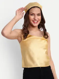 ESSQUE Shoulder Straps Cowl Neck Satin Top with Matching Hairband