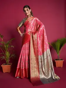 Mitera Pink & Green Floral Woven Design Zari Banarasi Saree