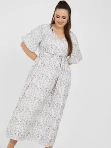 Styli Plus Size Floral Printed Waist Tie-Ups Flared Sleeves A-Line Dress