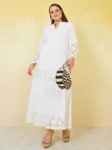 Styli Plus Size White Schiffli Lace Insert Tiered Cotton Maxi A-Line Dress