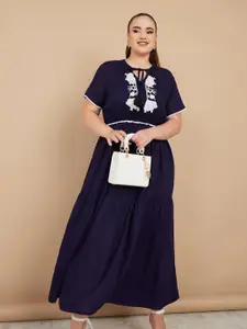 Styli Plus Size Navy Blue And White Embroidered Tie-Up Neck Gathered Tiered Maxi Dress