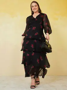Styli Plus Size Black And Red Floral Printed Dobby Puff Sleeves Layered Maxi Dress