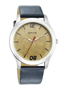 Sonata Men Yellow Brass Printed Dial & Leather Straps Analogue Watch 77106SL07W