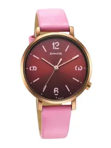 Sonata Women Brass Mother of Pearl Dial & Leather Straps Analogue Watch 87045KL01