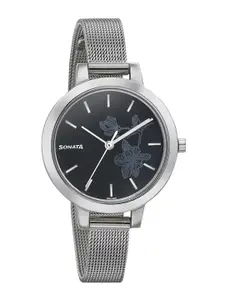 Sonata Women Brass Dial & Stainless Steel Textured Straps Analogue Watch NR8141SM09