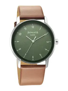 Sonata Men Brass Dial & Leather Straps Analogue Watch 7147SL01