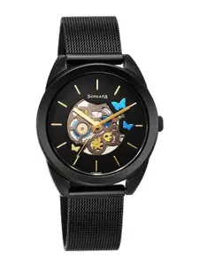 Sonata Women Brass Skeleton Dial & Stainless Steel Straps Analogue Watch 8182NM01