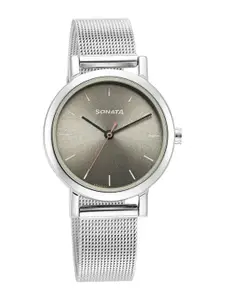 Sonata Women Grey Brass Dial & Stainless Steel Bracelet Style Straps Analogue Watch 8174SM04
