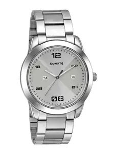 Sonata Men Silver-Toned Brass Dial & Stainless Steel Bracelet Style Straps Analogue Watch 7924SM11