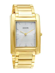 Sonata Men Silver-Toned Brass Printed Dial & Stainless Steel Bracelet Style Straps Analogue Watch