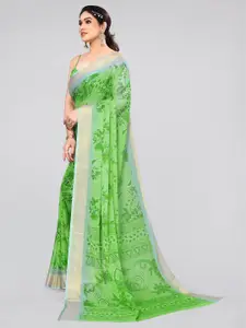 MIRCHI FASHION Green & White Floral Printed Zari Poly Chiffon Saree