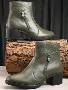 DressBerry Women Olive Green Textured Heeled Mid-Top Regular Boots
