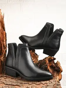 DressBerry Women Black Heeled Mid-Top Regular Boots