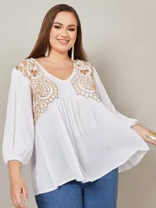 Styli Plus Size Embroidered Ethnic Motifs Cut Out Detail Puff Sleeves A-Line Top