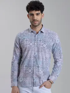 Snitch White & Blue Colour Classic Slim Fit Ethnic Motifs Printed Cotton Casual Shirt