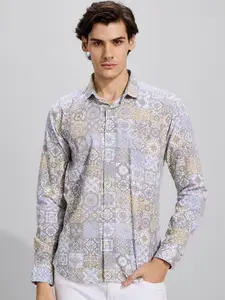 Snitch Blue & Beige Colour Classic Slim Fit Ethnic Motifs Printed Cotton Casual Shirt