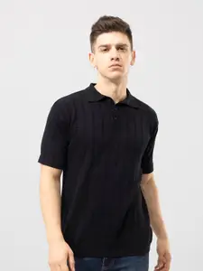 Snitch Black Striped Polo Collar Cotton Slim Fit T-shirt