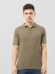 Snitch Green Striped Polo Collar Cotton Slim Fit T-shirt