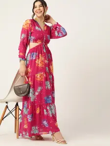 DressBerry Floral Print Cut-Outs Tiered Maxi Dress