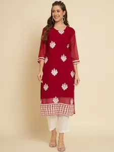 HERE&NOW Red & White Ethnic Motifs Embroidered Georgette Kurta