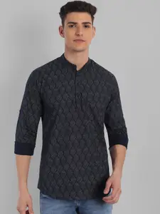 Majestic Man Geometric Printed Band Collar Pure Cotton Kurta
