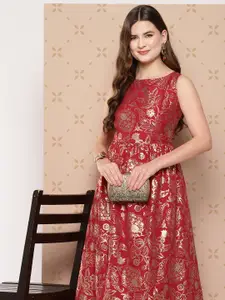 Sangria Floral Foil Printed Ethnic Midi Dress
