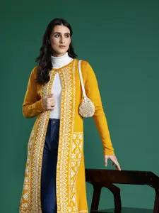 Sangria Ethnic Woven Design Longline Acrylic Front-Open Sweater