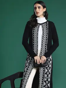 Sangria Ethnic Woven Design Monochrome Longline Front-Open Sweater
