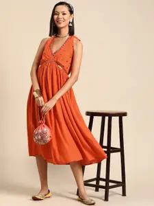 Sangria Halter Neck Mirror Work Empire Midi Dress