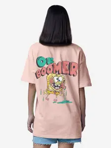 The Souled Store Pink Spongebob Printed Pure Cotton Oversized Fit T-shirt