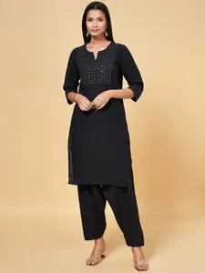 RANGMANCH BY PANTALOONS Sequinned Embroidered Notched Neck Straight Cotton Kurta