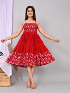 KALINI Floral Printed Shoulder Straps Smocked Fit & Flare Midi Dress