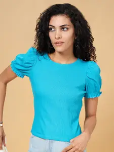 People Ribbed Puff Sleeves Slim Fit Cotton Top