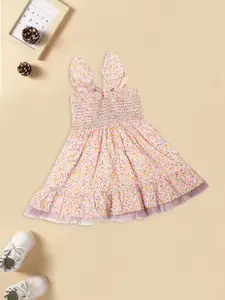 MeeMee Girls Floral Printed Shoulder Straps Smocked Cotton Fit & Flare Dress