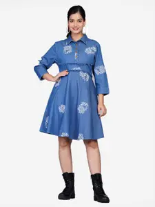 SUMAVI-FASHION Blue & White Colour Shirt Collar Embroidered Cotton Denim Fit & Flare Dress