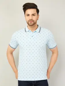 WE PERFECT Blue Geometric Printed Polo Collar Cotton T-shirt
