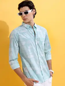 HIGHLANDER Men Turquoise Blue Slim Fit Floral Opaque Printed Cotton Casual Shirt