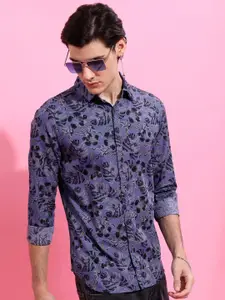 HIGHLANDER Men Blue Slim Fit Floral Opaque Printed Cotton Casual Shirt