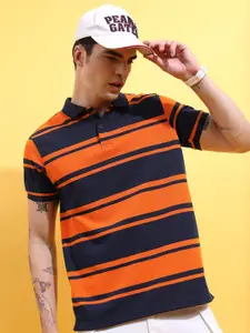 HIGHLANDER Navy Blue Striped Polo Collar Slim Fit T-Shirt